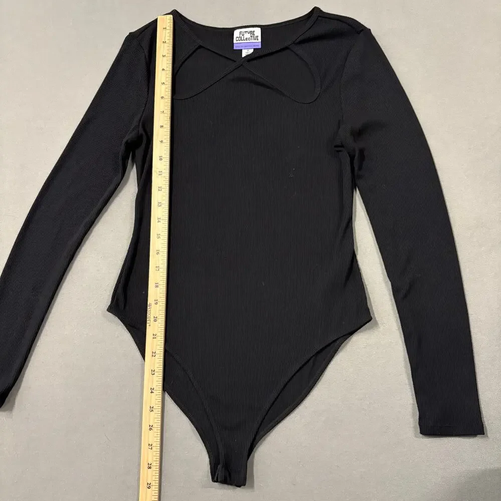 Future Collective Target Ribbed Cut Out Neck Bodysuit Black Size M Long Sleeve‎ - Picture 9 of 11